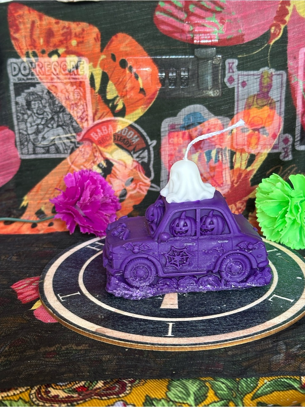 Handmade Boo Mobile Candle – Purple Halloween Car with Ghost